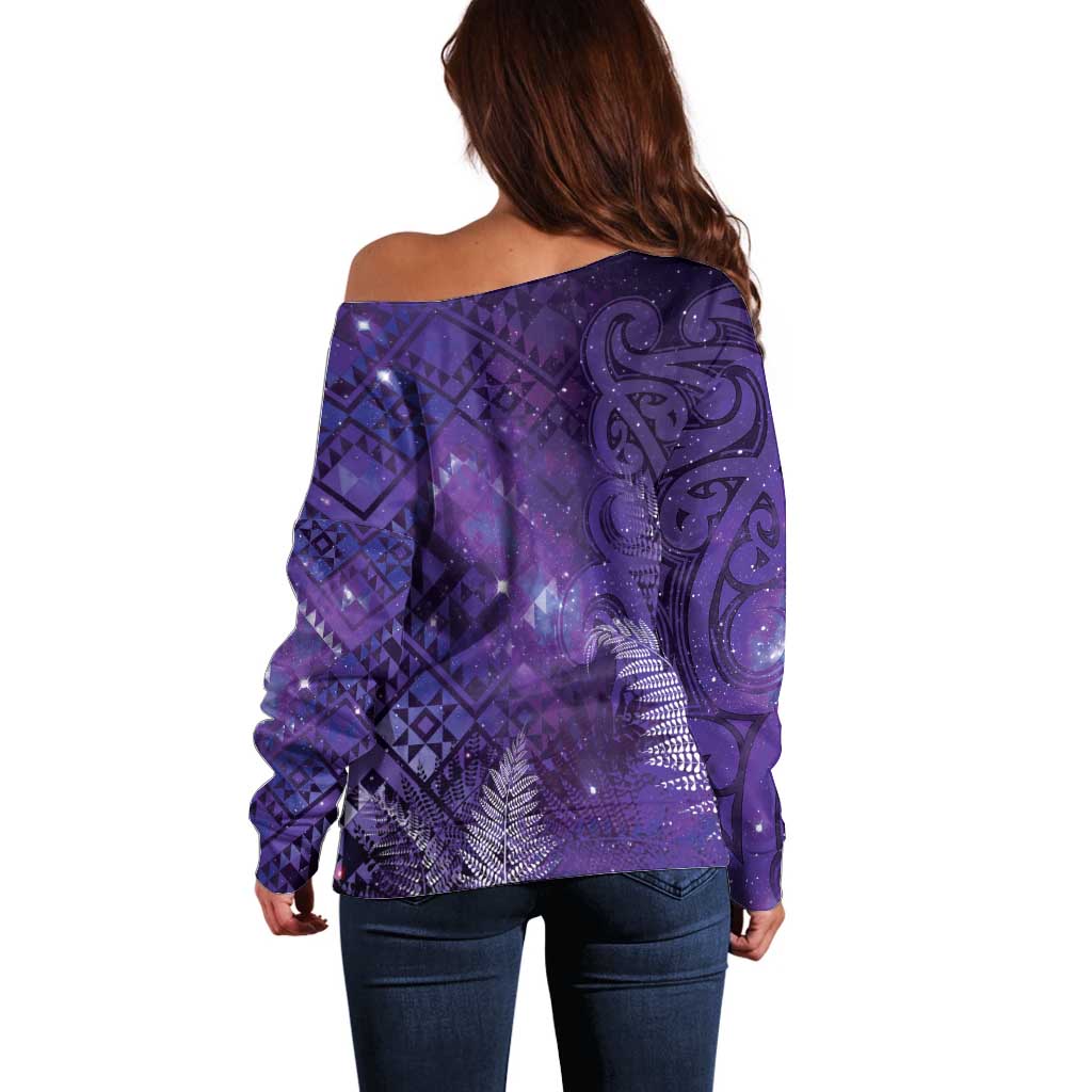 Aotearoa Taniko Matariki Off Shoulder Sweater Cosmic Violet LT7 - Polynesian Pride