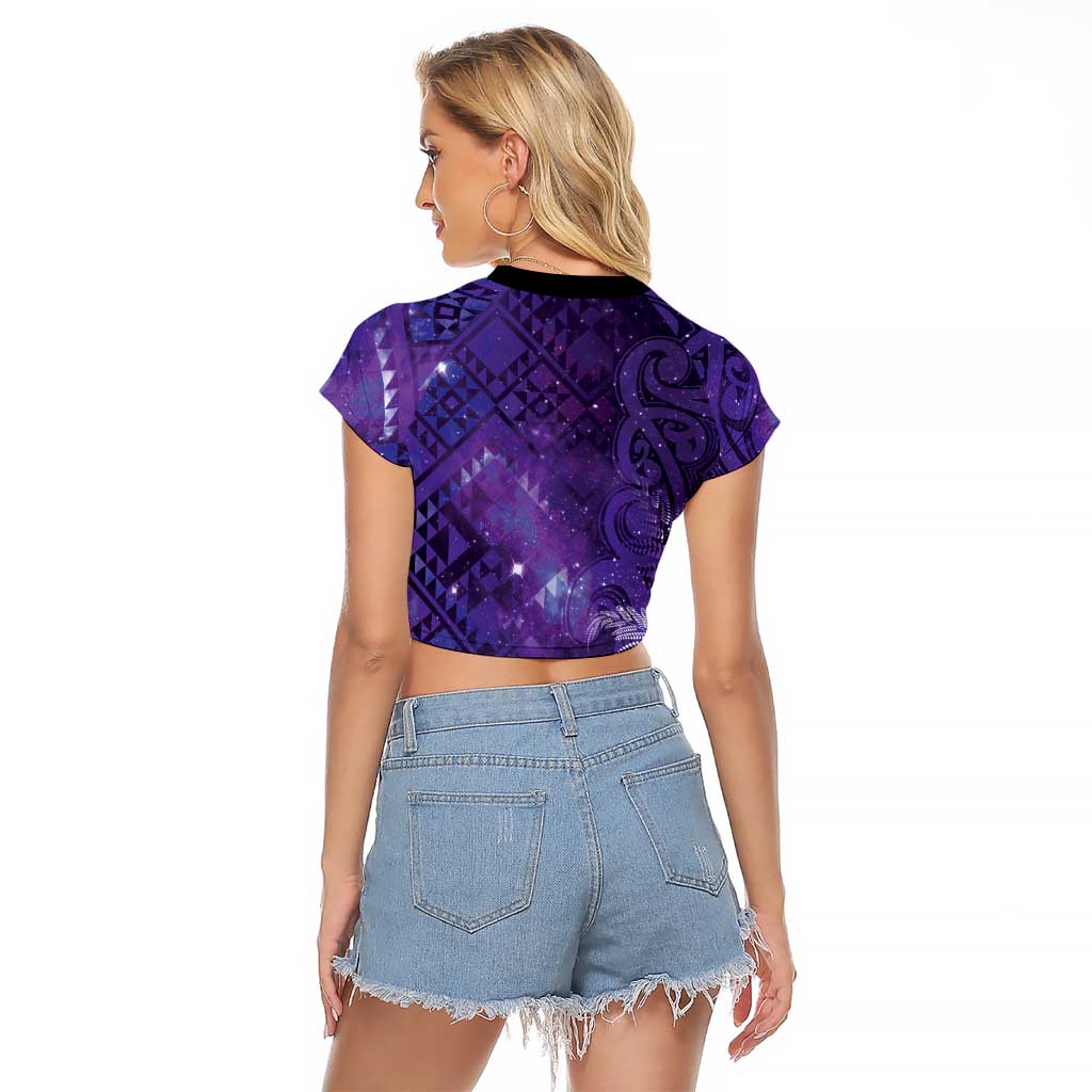 Aotearoa Taniko Matariki Raglan Cropped T Shirt Cosmic Violet LT7 - Polynesian Pride