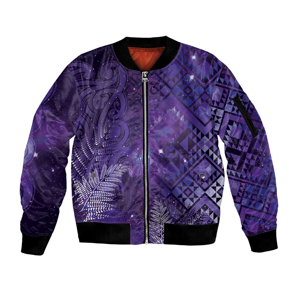 Aotearoa Taniko Matariki Sleeve Zip Bomber Jacket Cosmic Violet LT7 Unisex Purple - Polynesian Pride