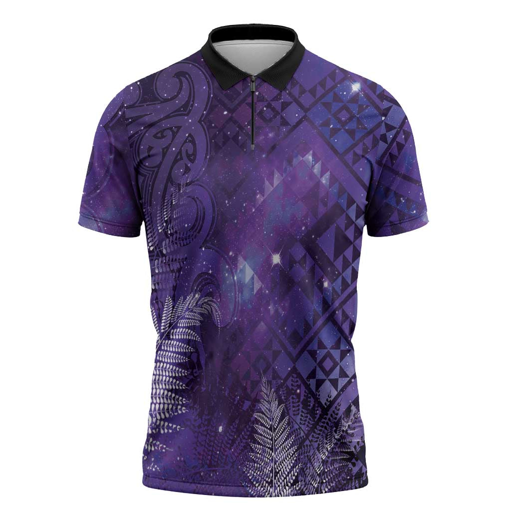Aotearoa Taniko Matariki Zipper Polo Shirt Cosmic Violet LT7 Purple - Polynesian Pride