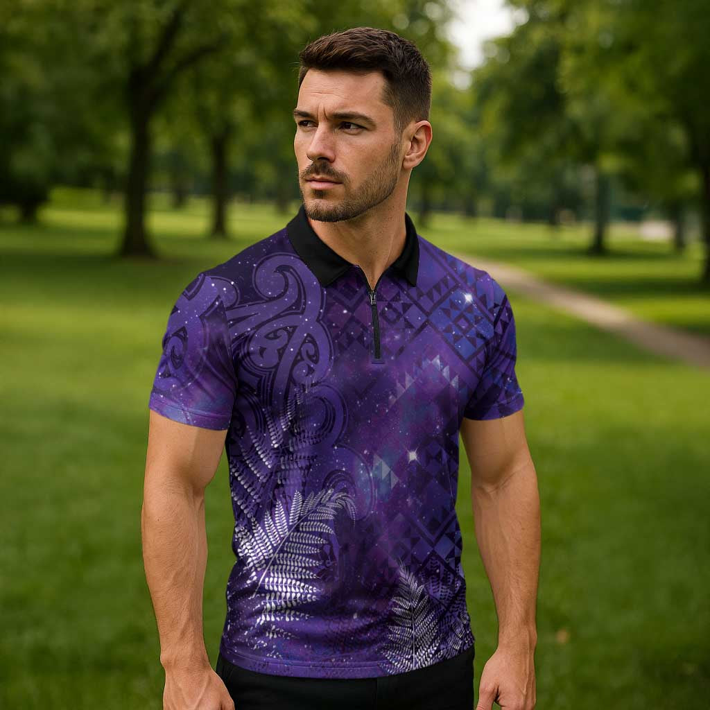 Aotearoa Taniko Matariki Zipper Polo Shirt Cosmic Violet LT7 - Polynesian Pride