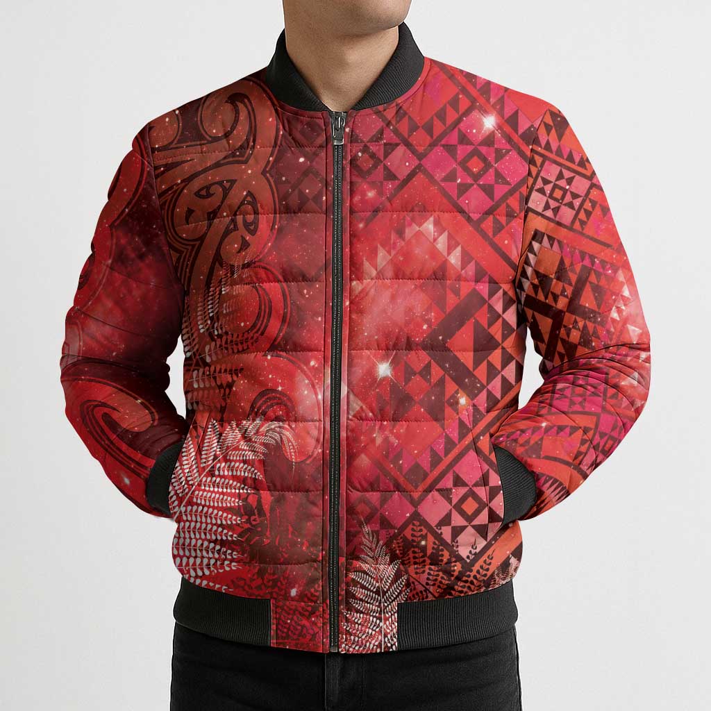 Aotearoa Taniko Matariki Bomber Puffer Jacket Cosmic Red LT7 - Polynesian Pride