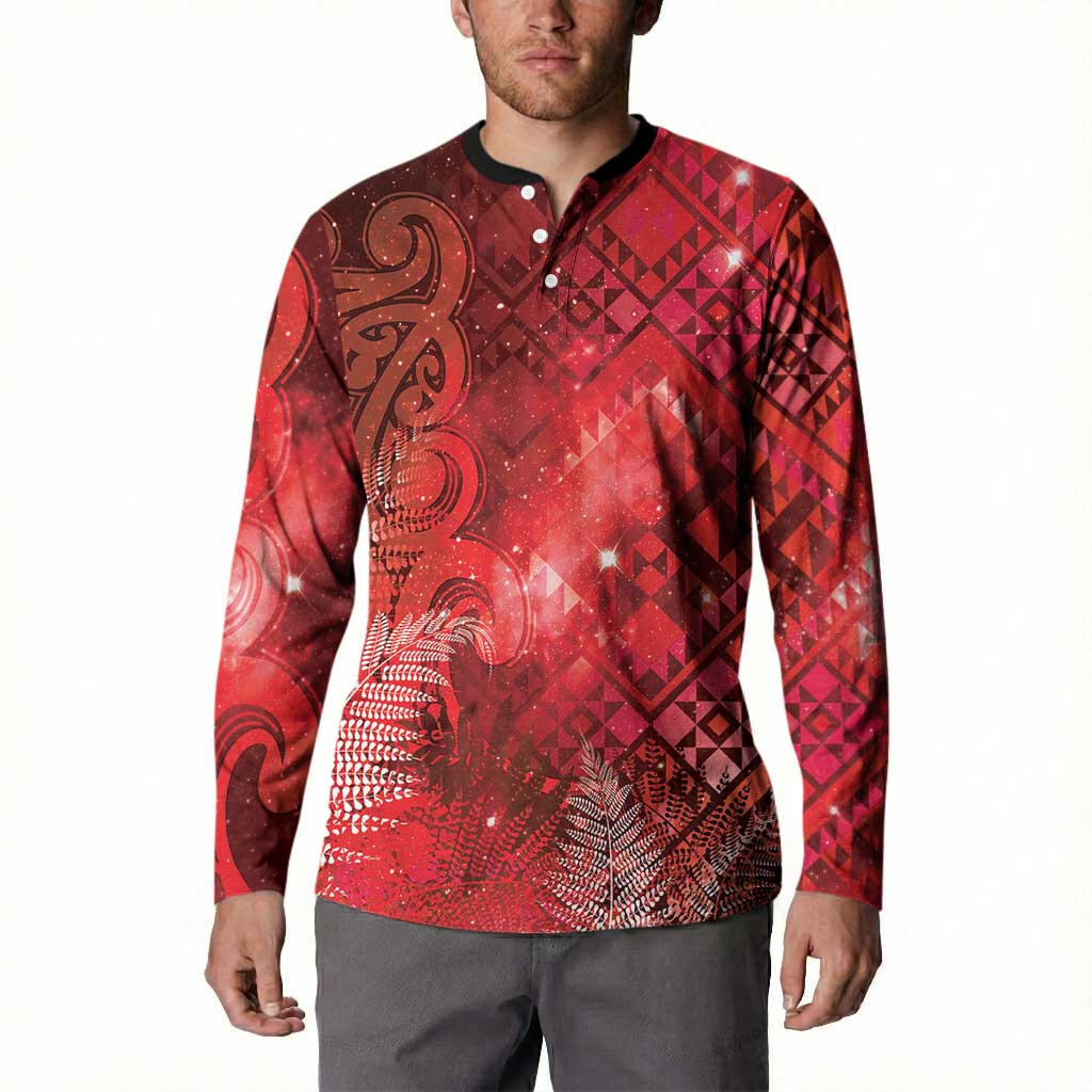 Aotearoa Taniko Matariki Button Sweatshirt Cosmic Red LT7 - Polynesian Pride
