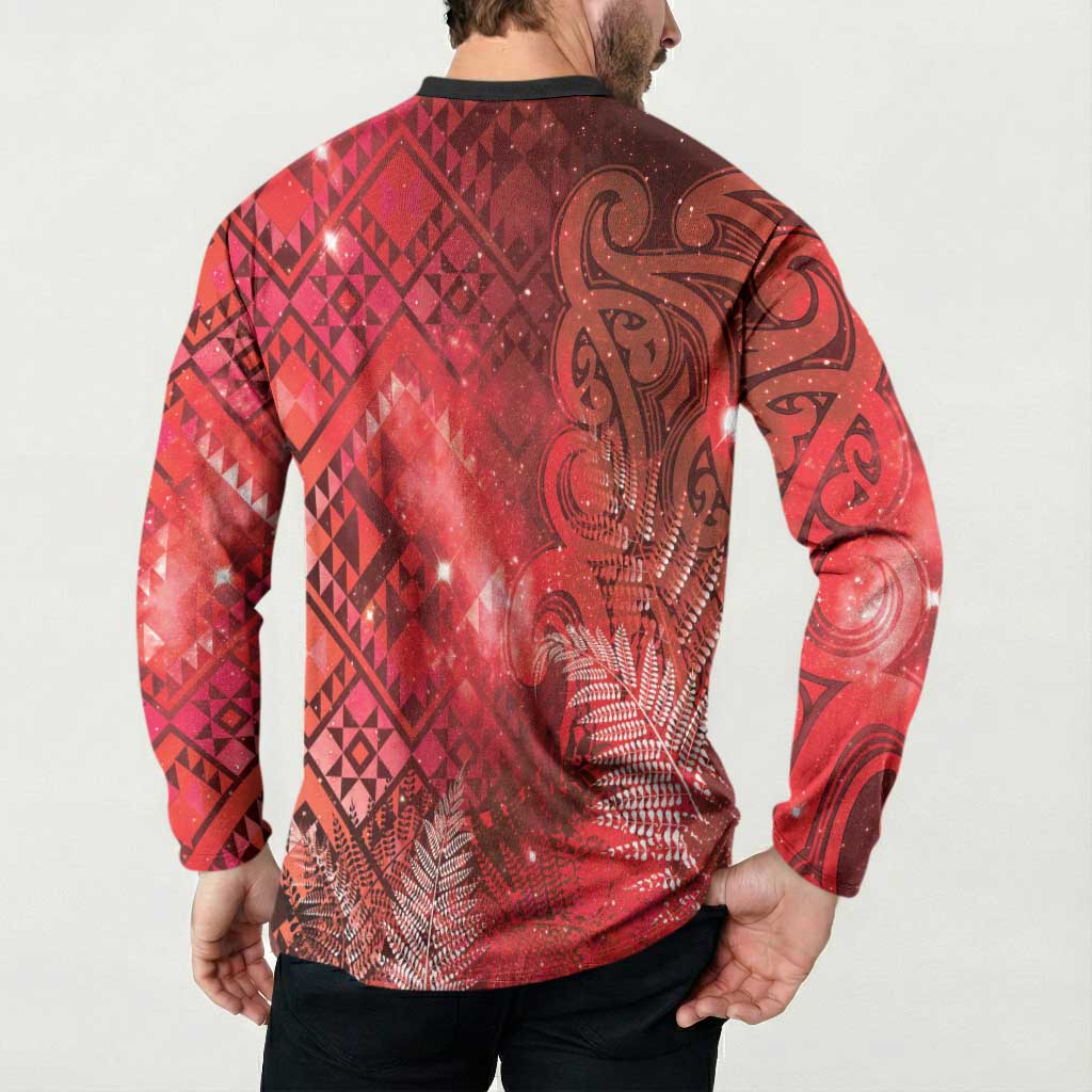 Aotearoa Taniko Matariki Button Sweatshirt Cosmic Red LT7 - Polynesian Pride