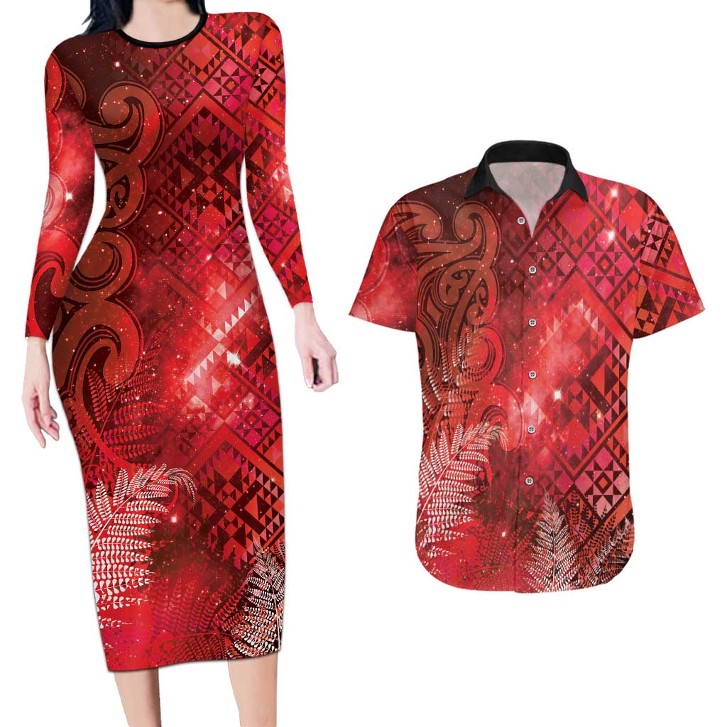 Aotearoa Taniko Matariki Couples Matching Long Sleeve Bodycon Dress and Hawaiian Shirt Cosmic Red LT7 Red - Polynesian Pride