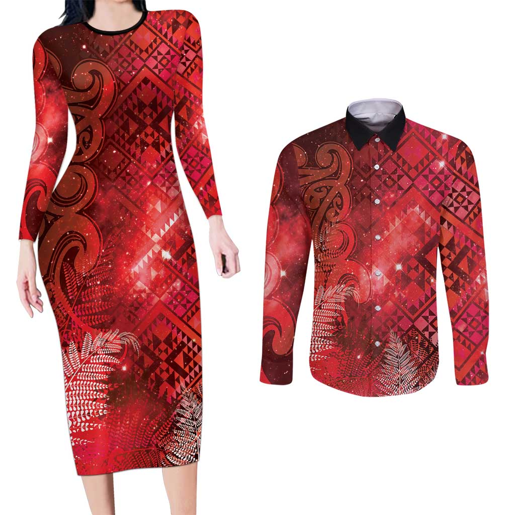 Aotearoa Taniko Matariki Couples Matching Long Sleeve Bodycon Dress and Long Sleeve Button Shirt Cosmic Red LT7 Red - Polynesian Pride