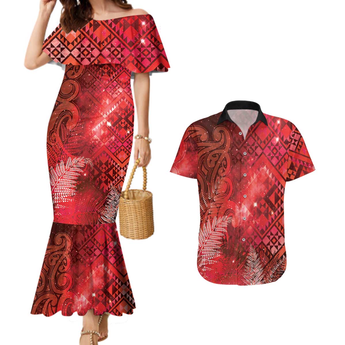 Aotearoa Taniko Matariki Couples Matching Mermaid Dress and Hawaiian Shirt Cosmic Red LT7 Red - Polynesian Pride