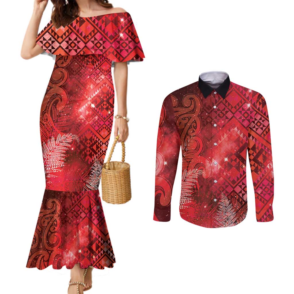 Aotearoa Taniko Matariki Couples Matching Mermaid Dress and Long Sleeve Button Shirt Cosmic Red LT7 Red - Polynesian Pride