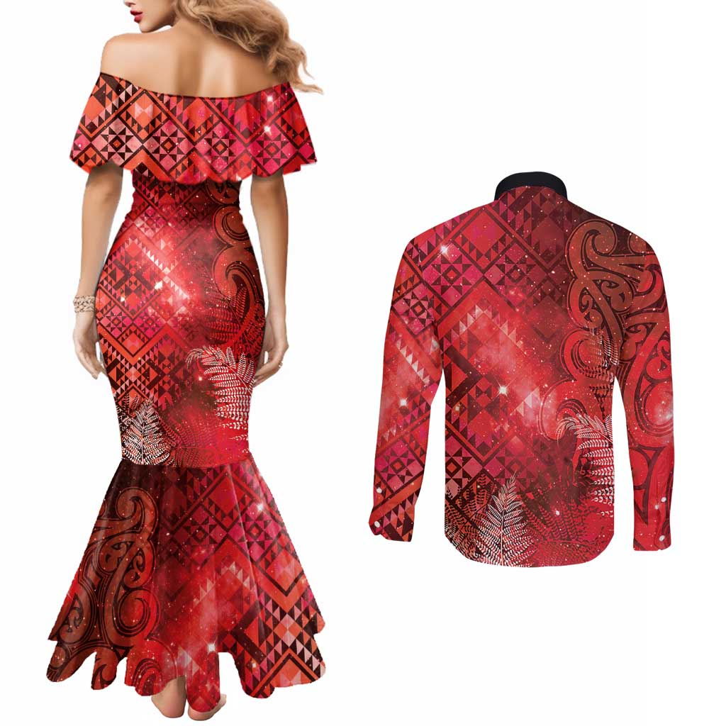 Aotearoa Taniko Matariki Couples Matching Mermaid Dress and Long Sleeve Button Shirt Cosmic Red LT7 - Polynesian Pride