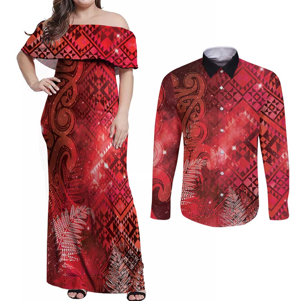 Aotearoa Taniko Matariki Couples Matching Off Shoulder Maxi Dress and Long Sleeve Button Shirt Cosmic Red LT7 Red - Polynesian Pride