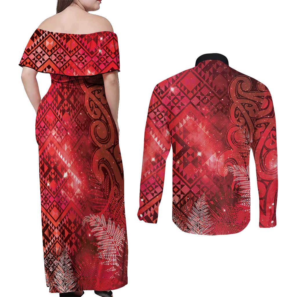 Aotearoa Taniko Matariki Couples Matching Off Shoulder Maxi Dress and Long Sleeve Button Shirt Cosmic Red LT7 - Polynesian Pride