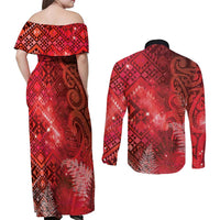 Aotearoa Taniko Matariki Couples Matching Off Shoulder Maxi Dress and Long Sleeve Button Shirt Cosmic Red LT7 - Polynesian Pride