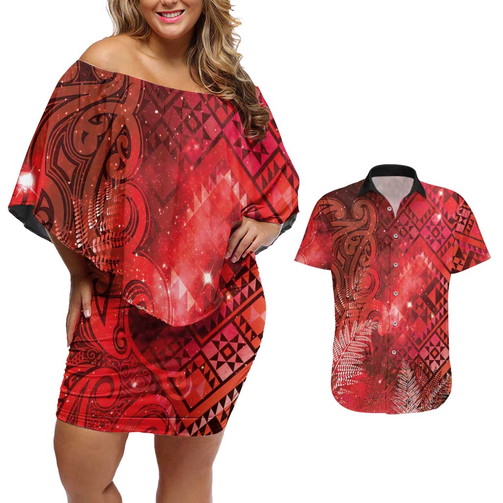 Aotearoa Taniko Matariki Couples Matching Off Shoulder Short Dress and Hawaiian Shirt Cosmic Red LT7 Red - Polynesian Pride