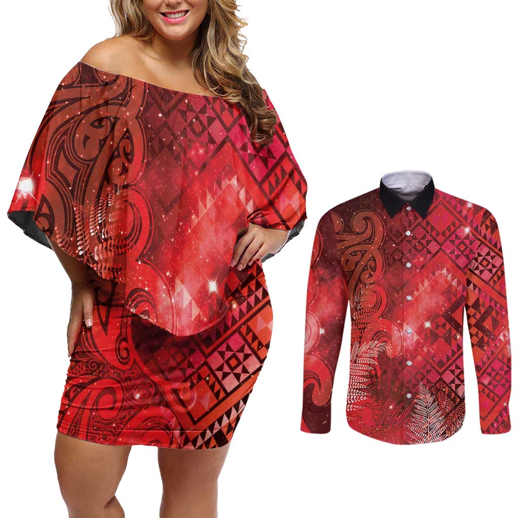 Aotearoa Taniko Matariki Couples Matching Off Shoulder Short Dress and Long Sleeve Button Shirt Cosmic Red LT7 Red - Polynesian Pride