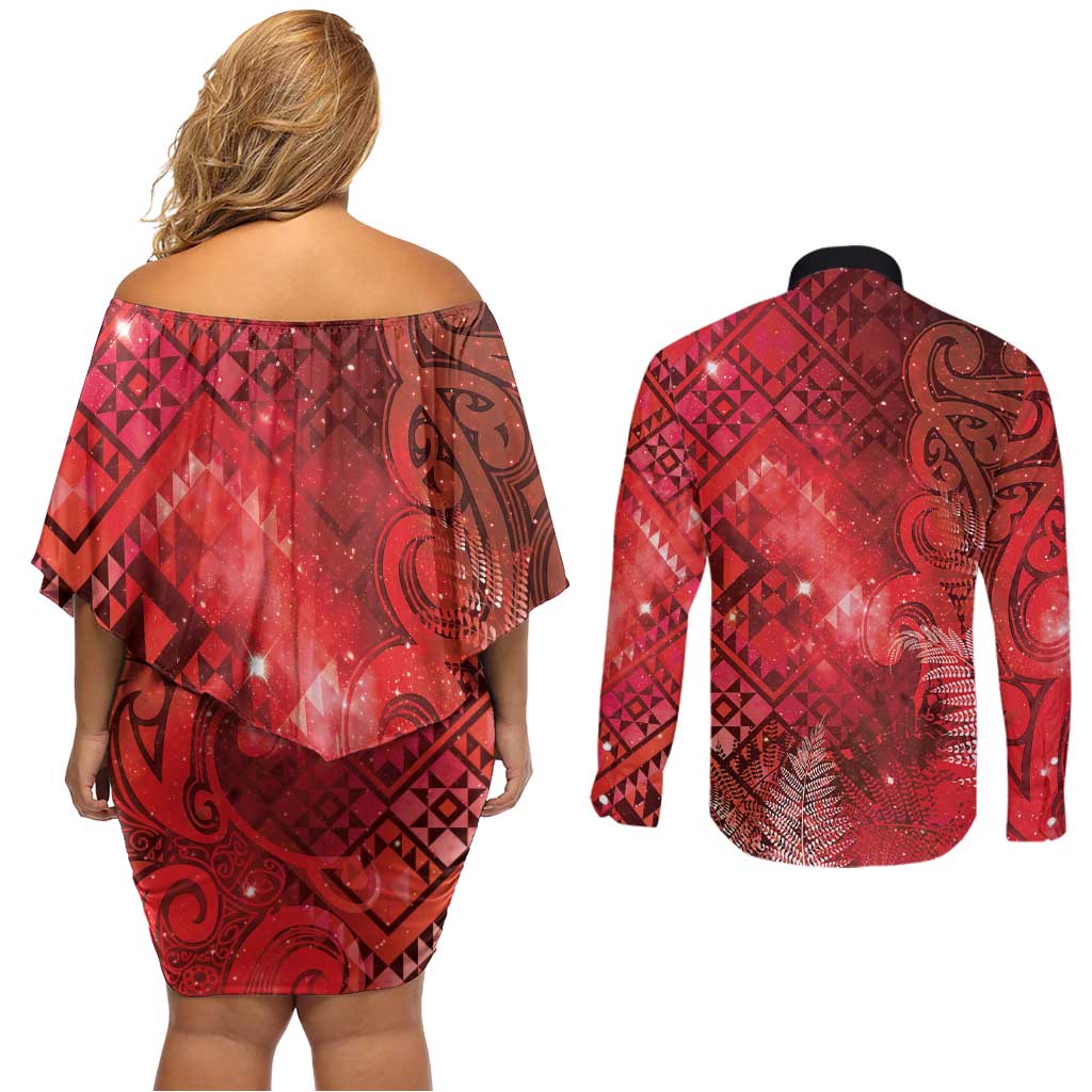 Aotearoa Taniko Matariki Couples Matching Off Shoulder Short Dress and Long Sleeve Button Shirt Cosmic Red LT7 - Polynesian Pride