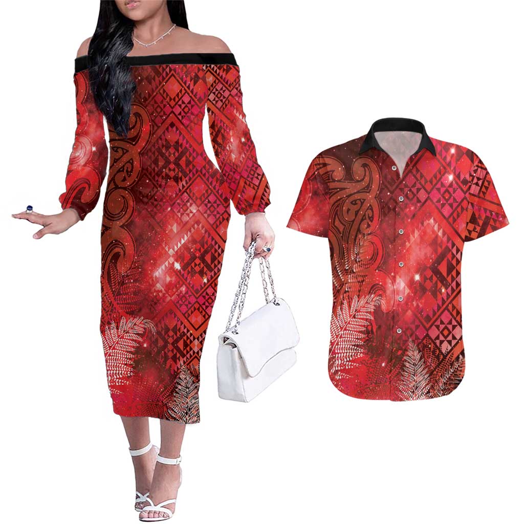 Aotearoa Taniko Matariki Couples Matching Off The Shoulder Long Sleeve Dress and Hawaiian Shirt Cosmic Red LT7 Red - Polynesian Pride