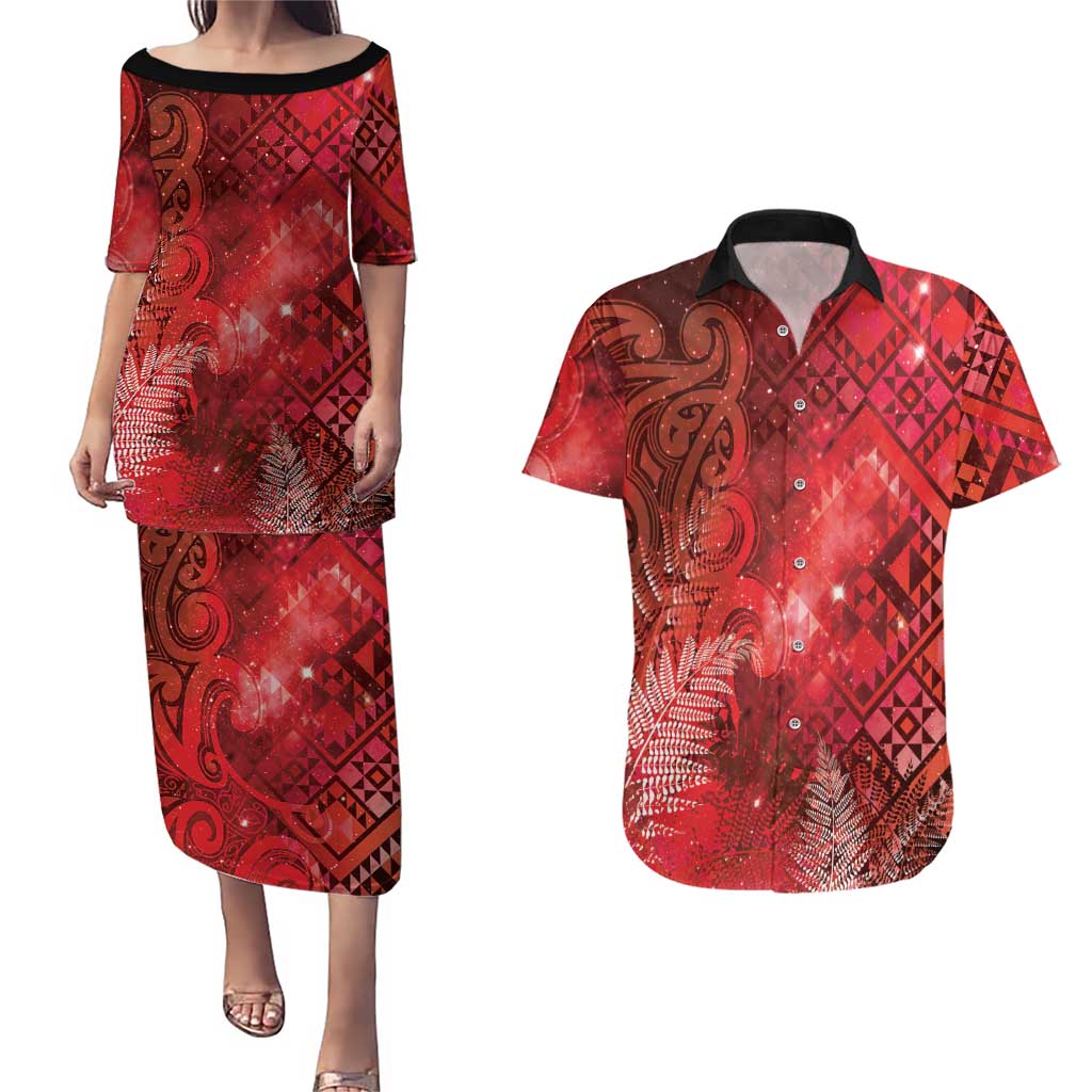 Aotearoa Taniko Matariki Couples Matching Puletasi and Hawaiian Shirt Cosmic Red LT7 Red - Polynesian Pride
