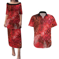 Aotearoa Taniko Matariki Couples Matching Puletasi and Hawaiian Shirt Cosmic Red LT7 Red - Polynesian Pride