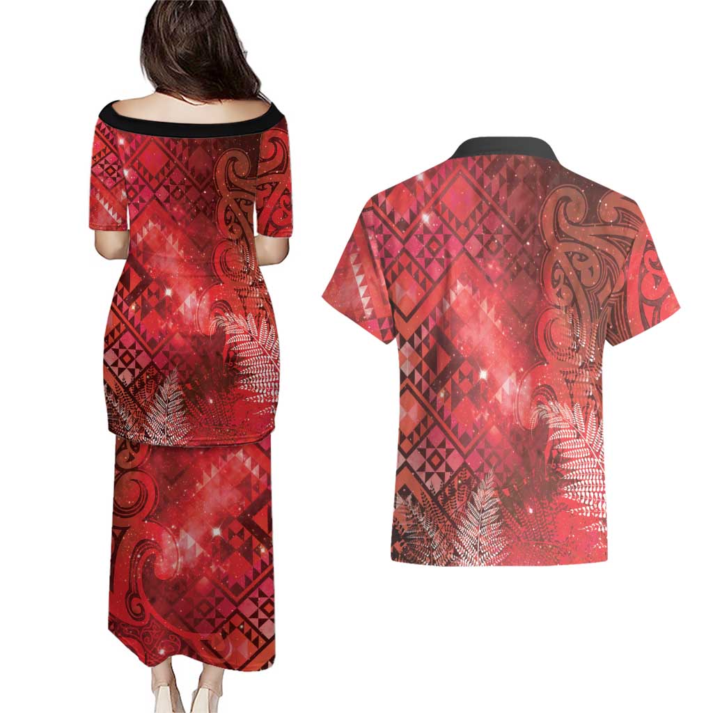 Aotearoa Taniko Matariki Couples Matching Puletasi and Hawaiian Shirt Cosmic Red LT7 - Polynesian Pride