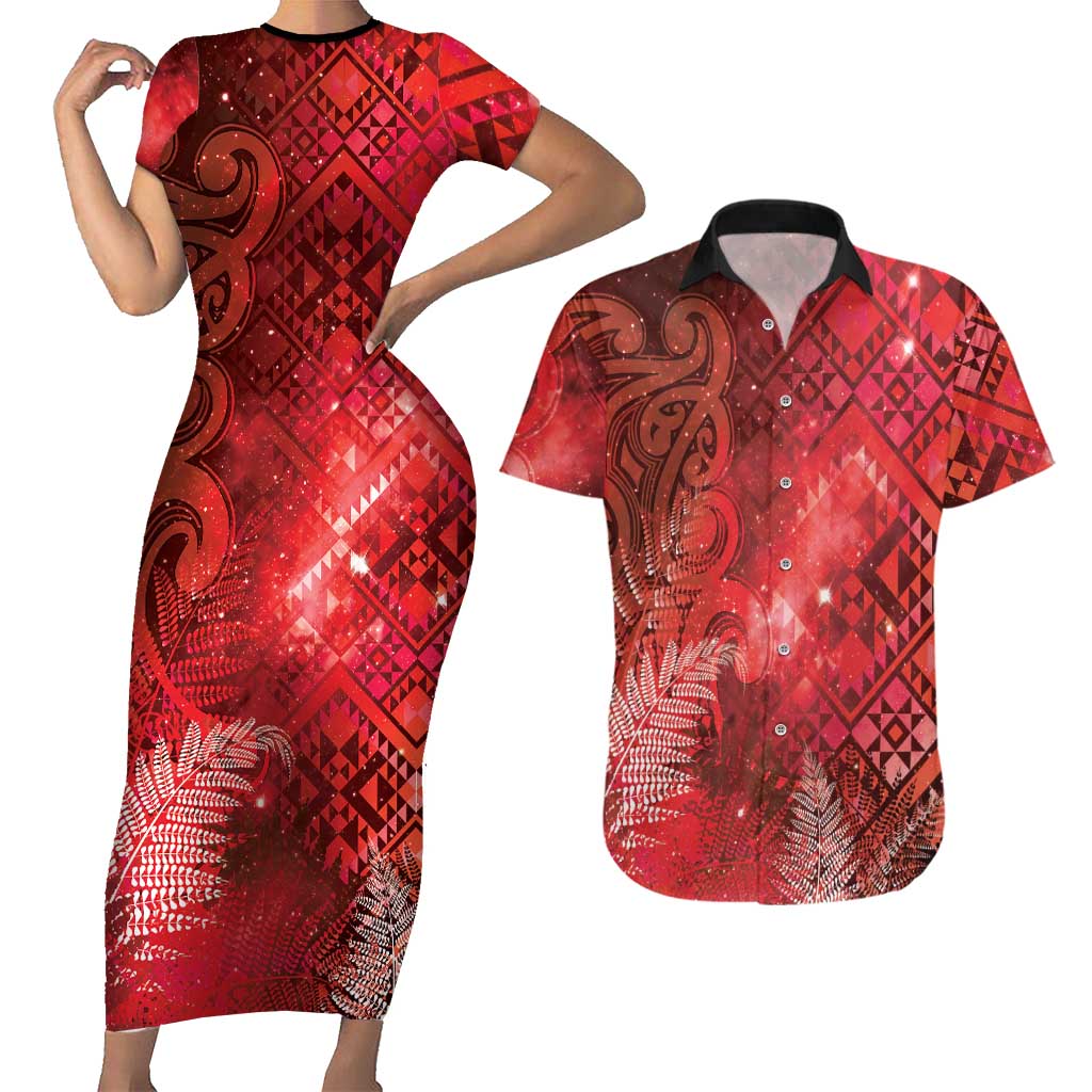Aotearoa Taniko Matariki Couples Matching Short Sleeve Bodycon Dress and Hawaiian Shirt Cosmic Red LT7 Red - Polynesian Pride