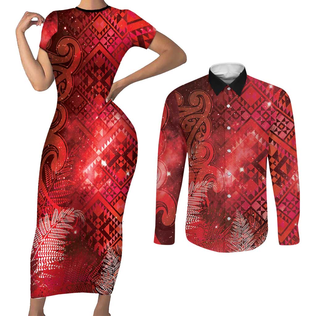 Aotearoa Taniko Matariki Couples Matching Short Sleeve Bodycon Dress and Long Sleeve Button Shirt Cosmic Red LT7 Red - Polynesian Pride
