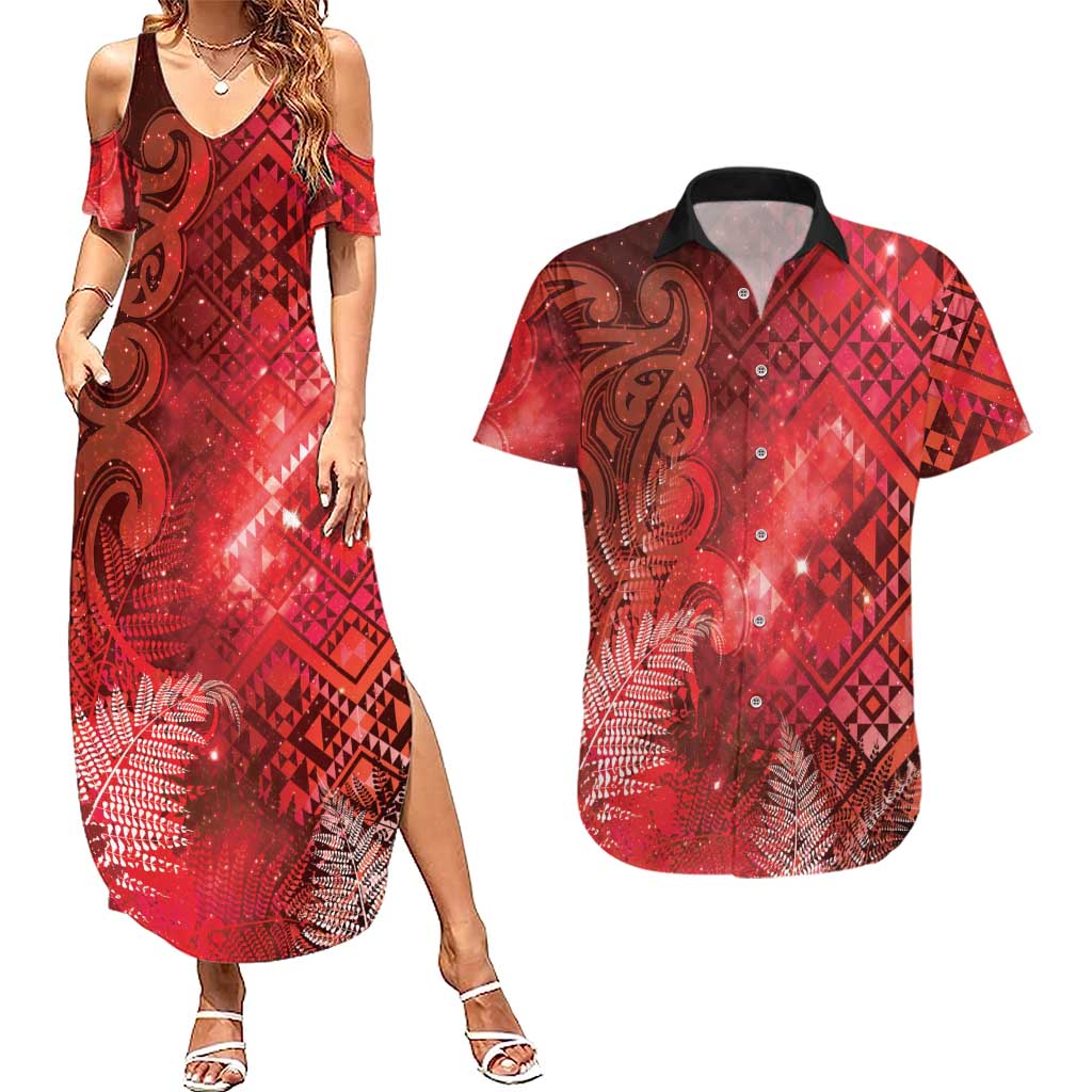 Aotearoa Taniko Matariki Couples Matching Summer Maxi Dress and Hawaiian Shirt Cosmic Red LT7 Red - Polynesian Pride