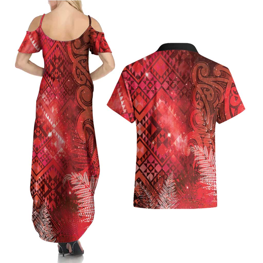 Aotearoa Taniko Matariki Couples Matching Summer Maxi Dress and Hawaiian Shirt Cosmic Red LT7 - Polynesian Pride