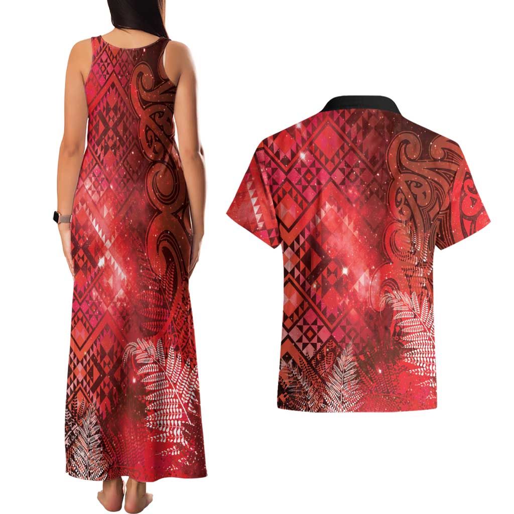 Aotearoa Taniko Matariki Couples Matching Tank Maxi Dress and Hawaiian Shirt Cosmic Red LT7 - Polynesian Pride