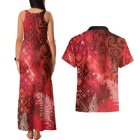 Aotearoa Taniko Matariki Couples Matching Tank Maxi Dress and Hawaiian Shirt Cosmic Red LT7 - Polynesian Pride