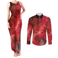 Aotearoa Taniko Matariki Couples Matching Tank Maxi Dress and Long Sleeve Button Shirt Cosmic Red LT7 Red - Polynesian Pride