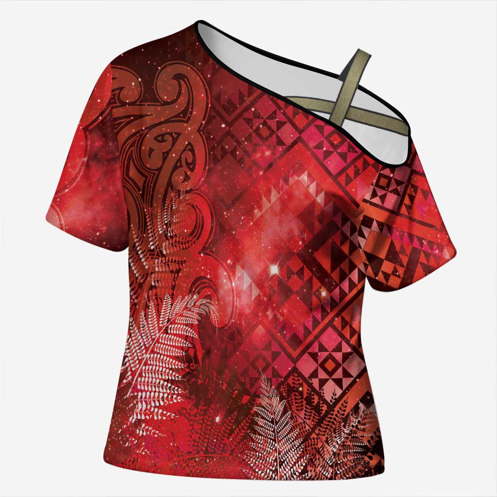Aotearoa Taniko Matariki Cross Shoulder Shirt Cosmic Red LT7 Female Red - Polynesian Pride