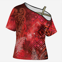 Aotearoa Taniko Matariki Cross Shoulder Shirt Cosmic Red LT7 Female Red - Polynesian Pride