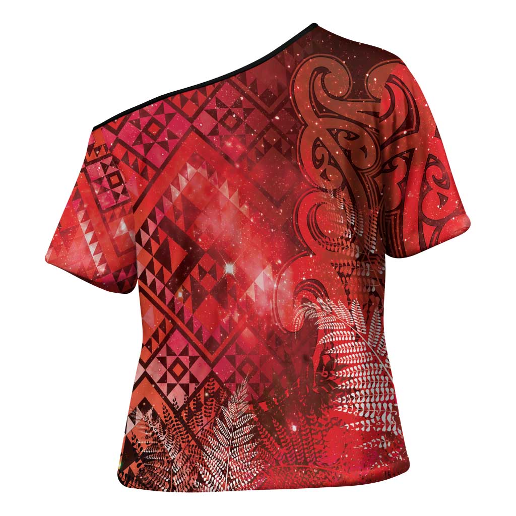 Aotearoa Taniko Matariki Cross Shoulder Shirt Cosmic Red LT7 - Polynesian Pride