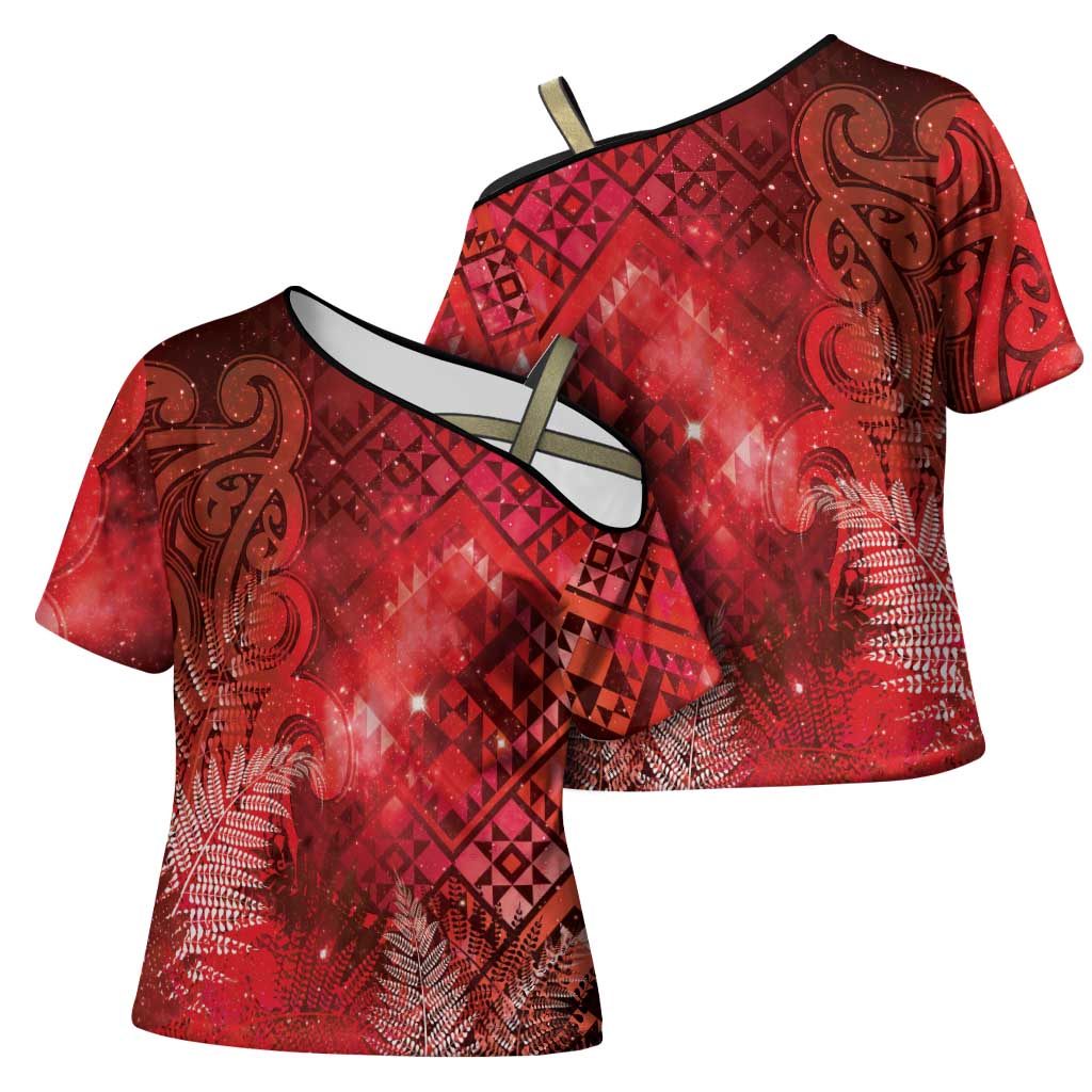 Aotearoa Taniko Matariki Cross Shoulder Shirt Cosmic Red LT7 - Polynesian Pride