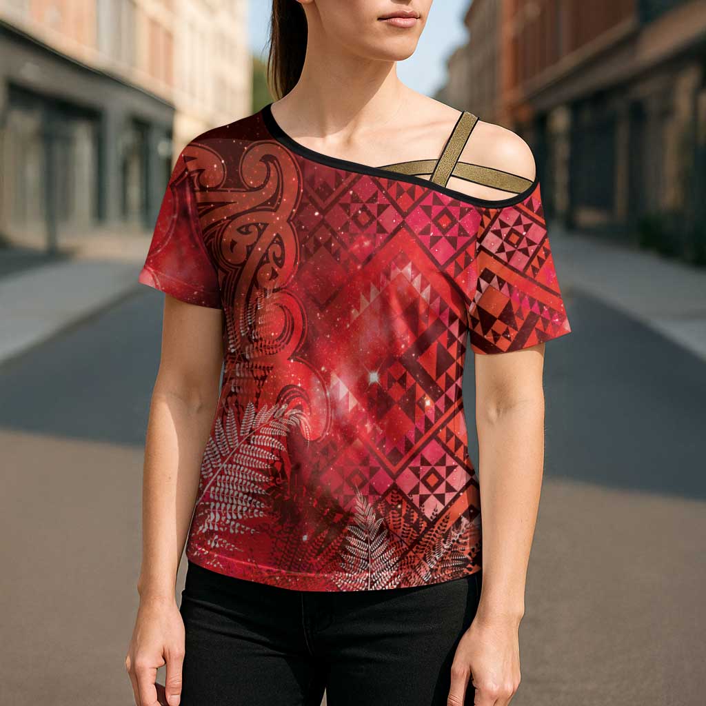 Aotearoa Taniko Matariki Cross Shoulder Shirt Cosmic Red LT7 - Polynesian Pride