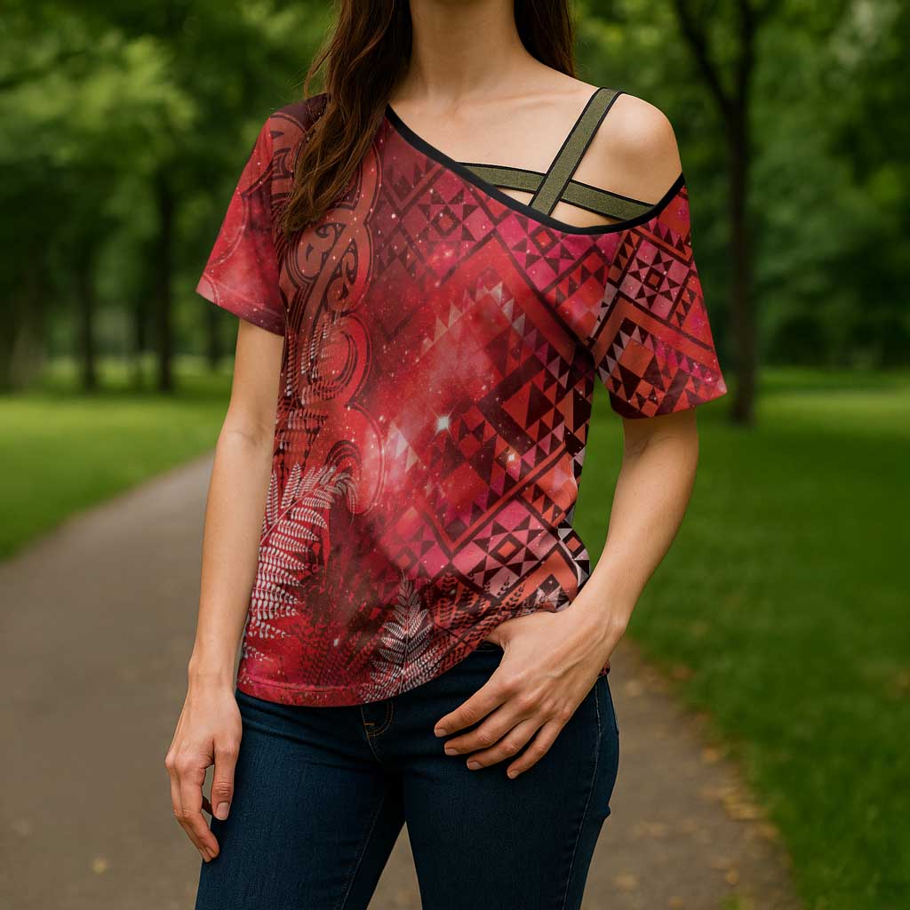 Aotearoa Taniko Matariki Cross Shoulder Shirt Cosmic Red LT7 - Polynesian Pride