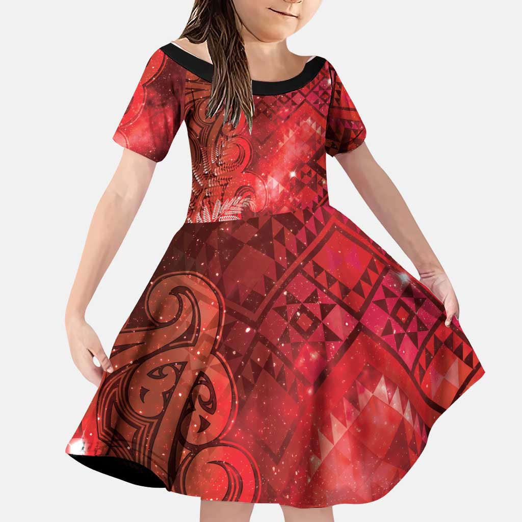 Aotearoa Taniko Matariki Family Matching Puletasi and Hawaiian Shirt Cosmic Red LT7 Daughter's Dress Red - Polynesian Pride