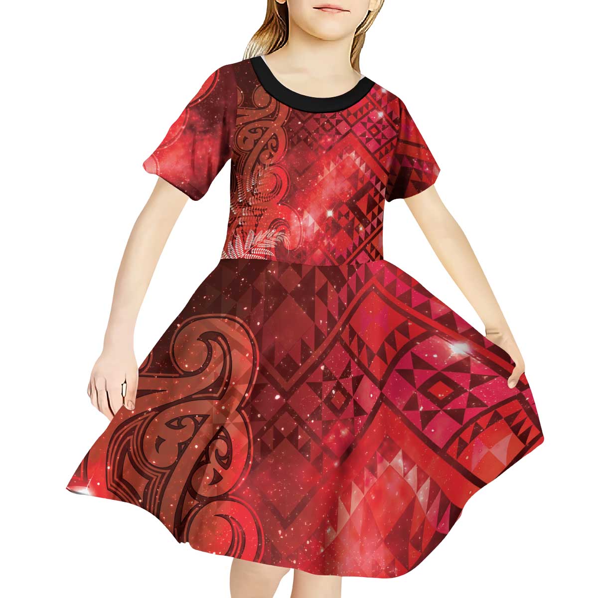 Aotearoa Taniko Matariki Kid Short Sleeve Dress Cosmic Red LT7 - Polynesian Pride