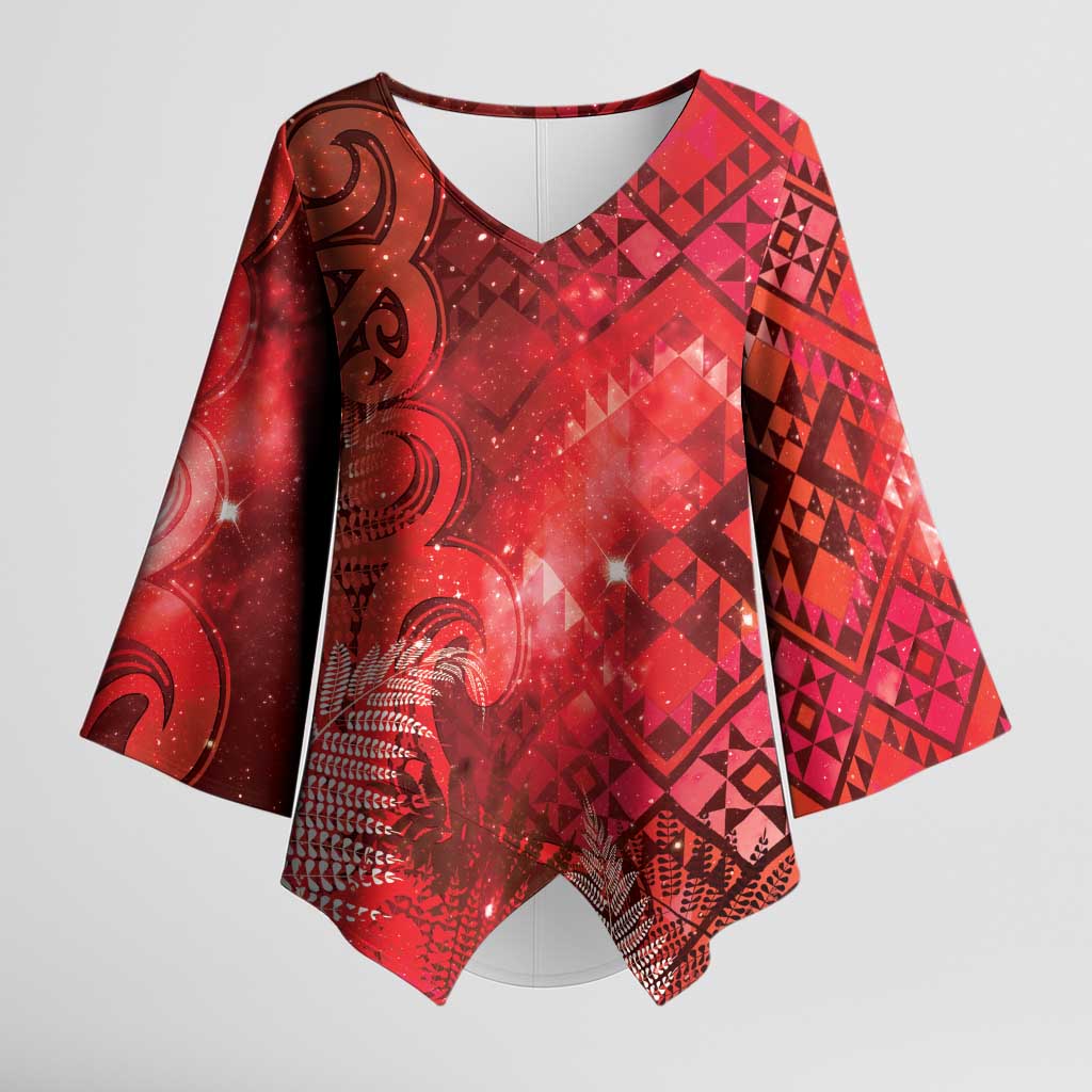 Aotearoa Taniko Matariki Kimono Sleeve Blouse Cosmic Red LT7 Female Red - Polynesian Pride