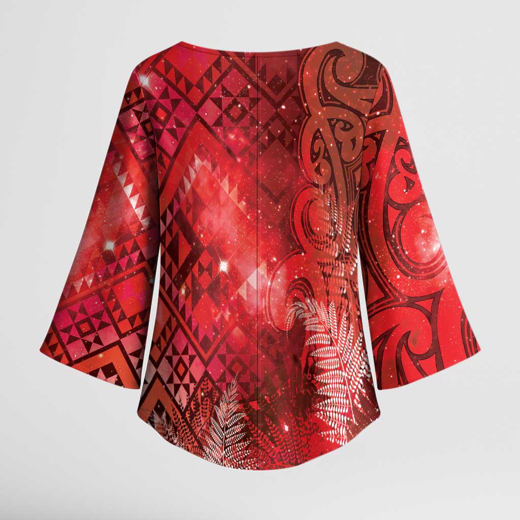 Aotearoa Taniko Matariki Kimono Sleeve Blouse Cosmic Red LT7 - Polynesian Pride