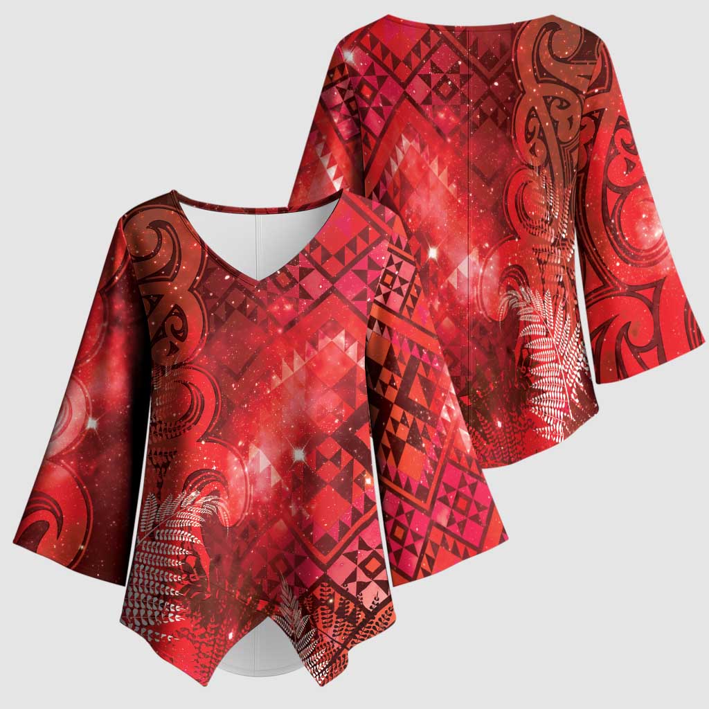 Aotearoa Taniko Matariki Kimono Sleeve Blouse Cosmic Red LT7 - Polynesian Pride