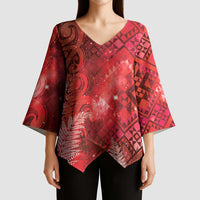 Aotearoa Taniko Matariki Kimono Sleeve Blouse Cosmic Red LT7 - Polynesian Pride