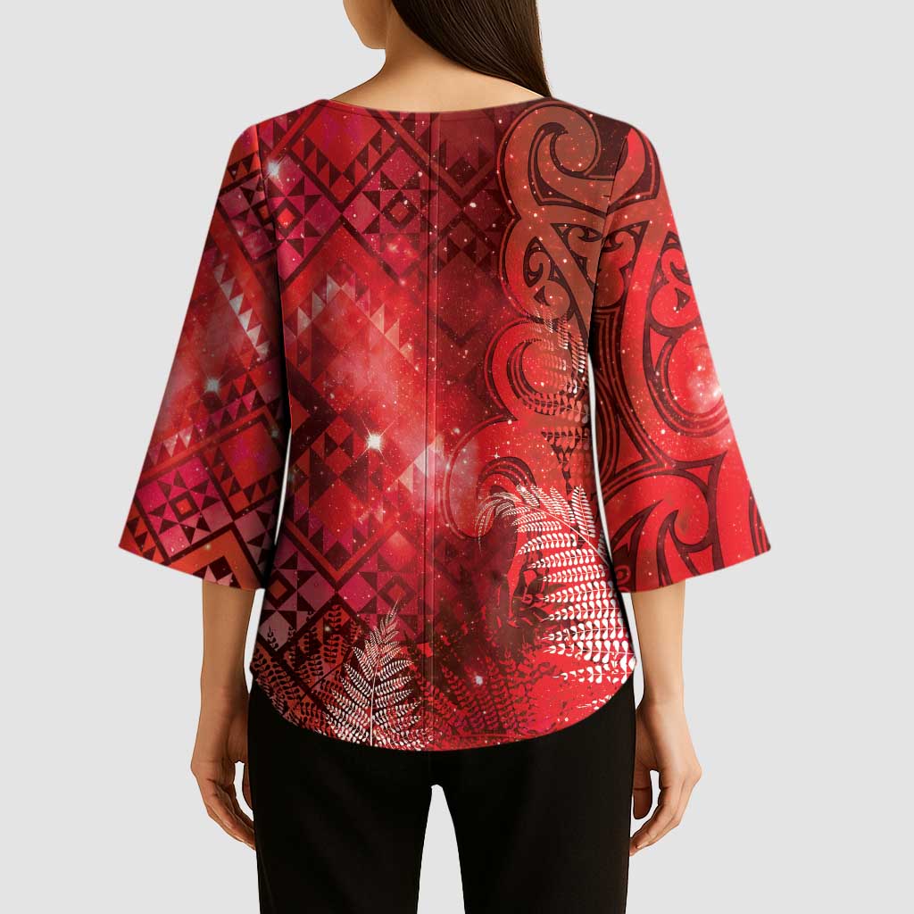Aotearoa Taniko Matariki Kimono Sleeve Blouse Cosmic Red LT7 - Polynesian Pride