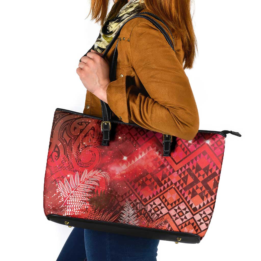 Aotearoa Taniko Matariki Leather Tote Bag Cosmic Red LT7 Red - Polynesian Pride
