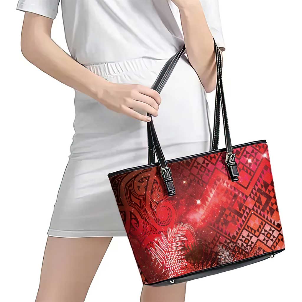 Aotearoa Taniko Matariki Leather Tote Bag Cosmic Red LT7 - Polynesian Pride