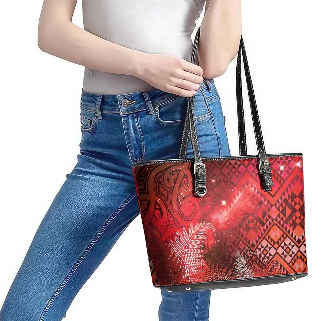 Aotearoa Taniko Matariki Leather Tote Bag Cosmic Red LT7 - Polynesian Pride