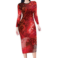 Aotearoa Taniko Matariki Long Sleeve Bodycon Dress Cosmic Red LT7 Long Dress Red - Polynesian Pride