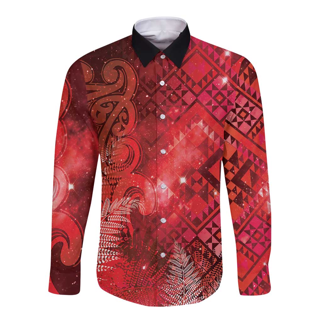 Aotearoa Taniko Matariki Long Sleeve Button Shirt Cosmic Red
