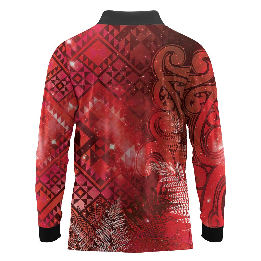 Aotearoa Taniko Matariki Long Sleeve Polo Shirt Cosmic Red LT7 - Polynesian Pride
