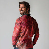 Aotearoa Taniko Matariki Long Sleeve Polo Shirt Cosmic Red LT7 - Polynesian Pride